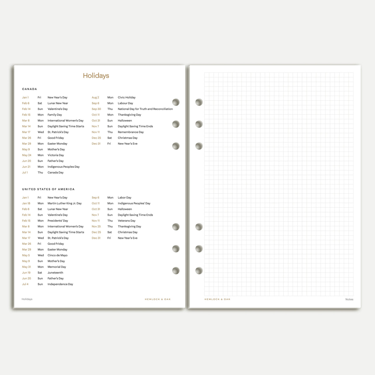 2027 Canadian and United States holiday reference beside a grid notes page, A5 six-ring inserts