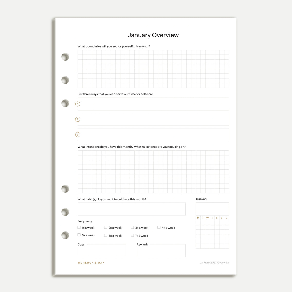 January 2027 monthly overview insert in A5 six-ring format, with boundaries, self-care, intentions and a habit tracker