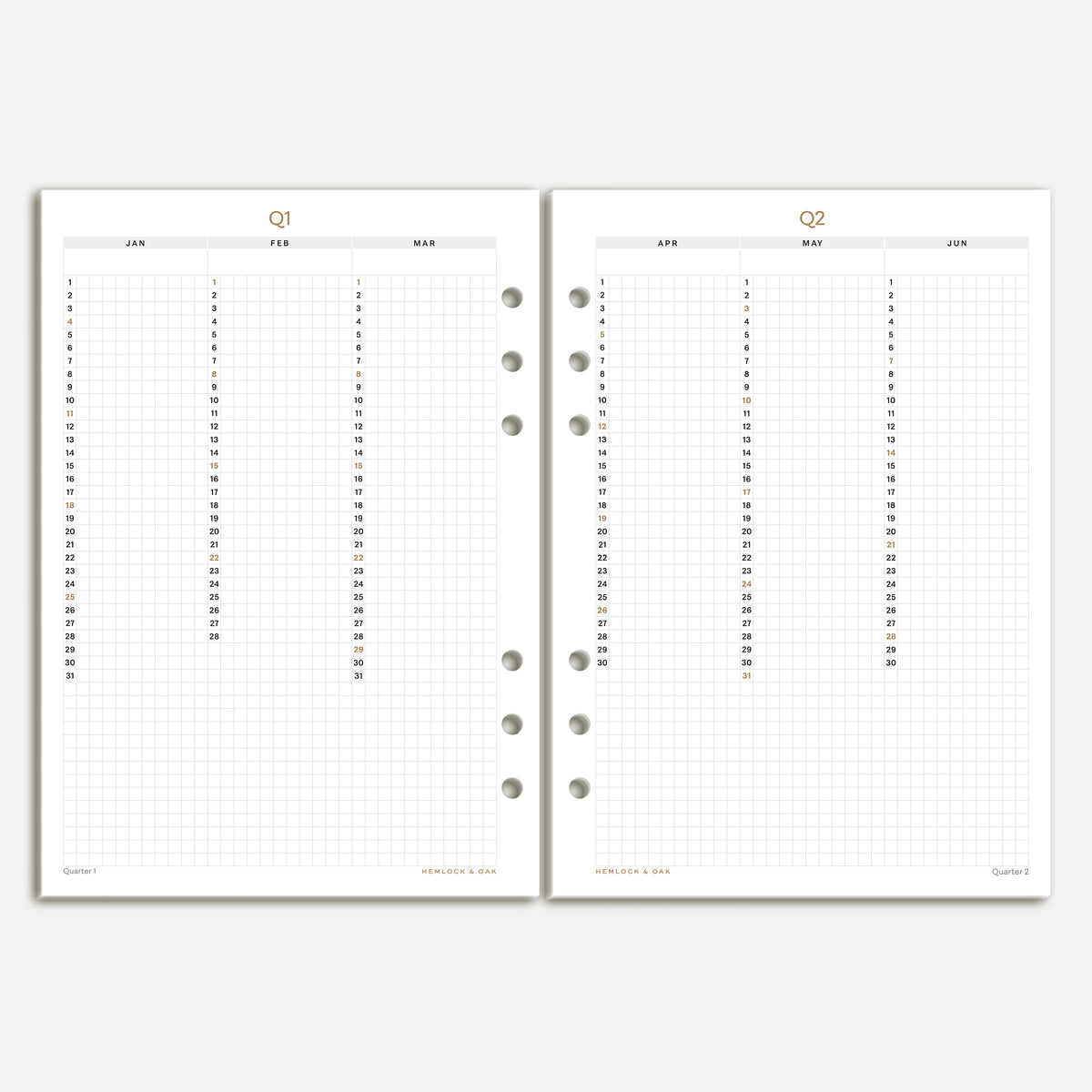 Quarter 1 and Quarter 2 planning pages for 2027, with dated columns on A5 six-ring inserts