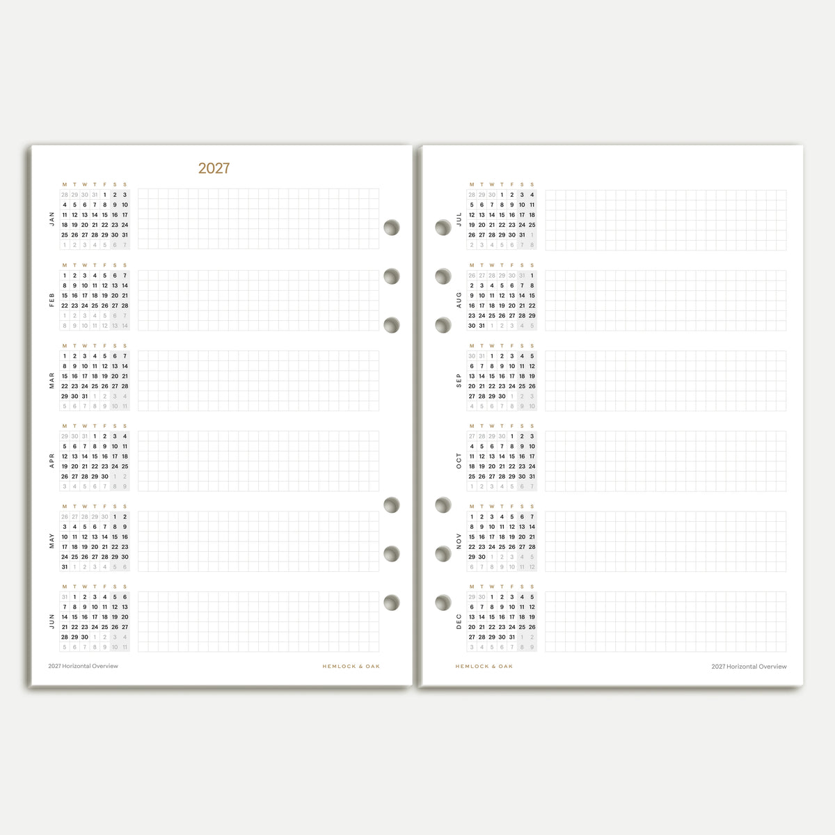 2027 yearly planning spread with monthly calendars and grid space, A5 six-ring inserts
