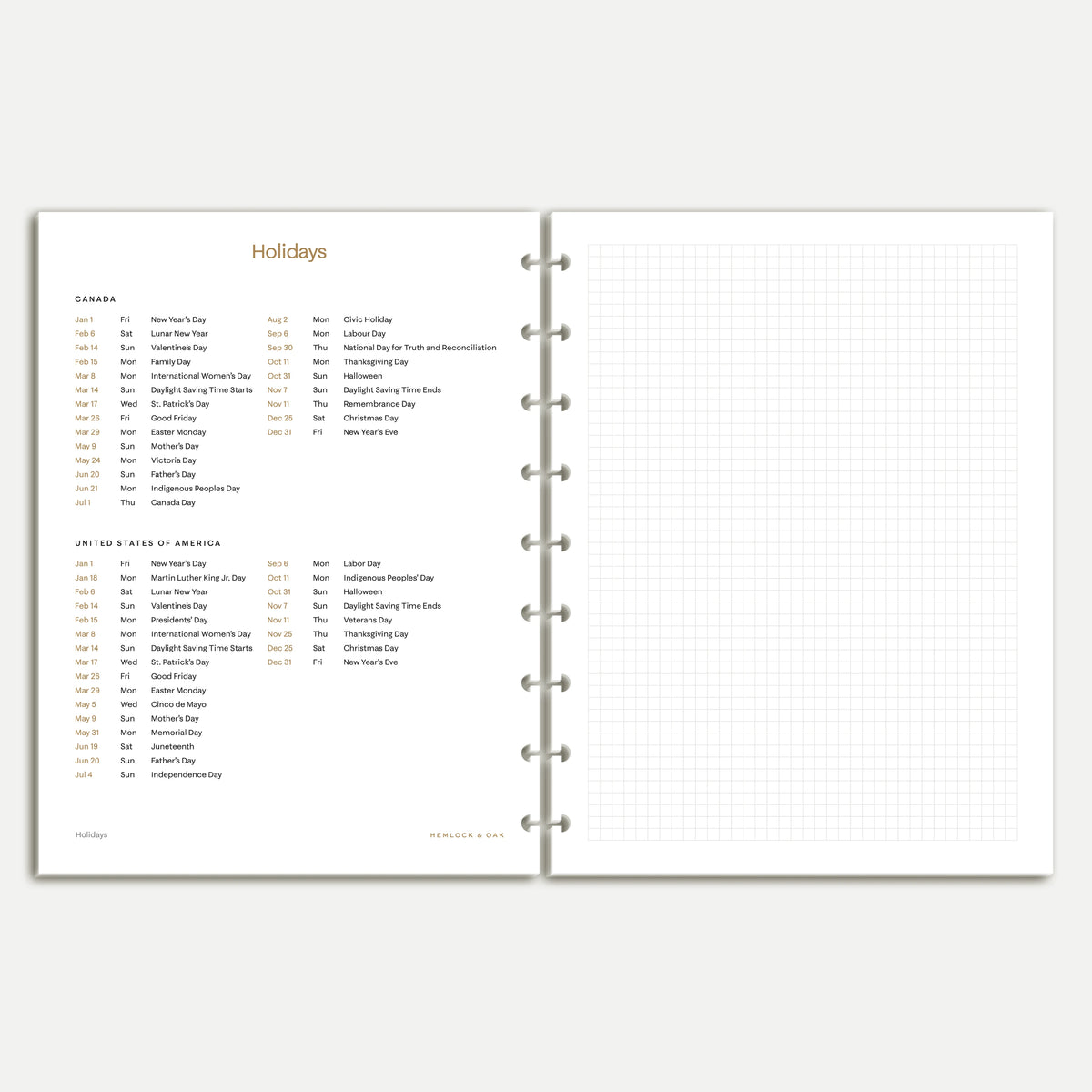 2027 Canadian and United States holiday reference beside a grid notes page, Classic HP nine-disc inserts
