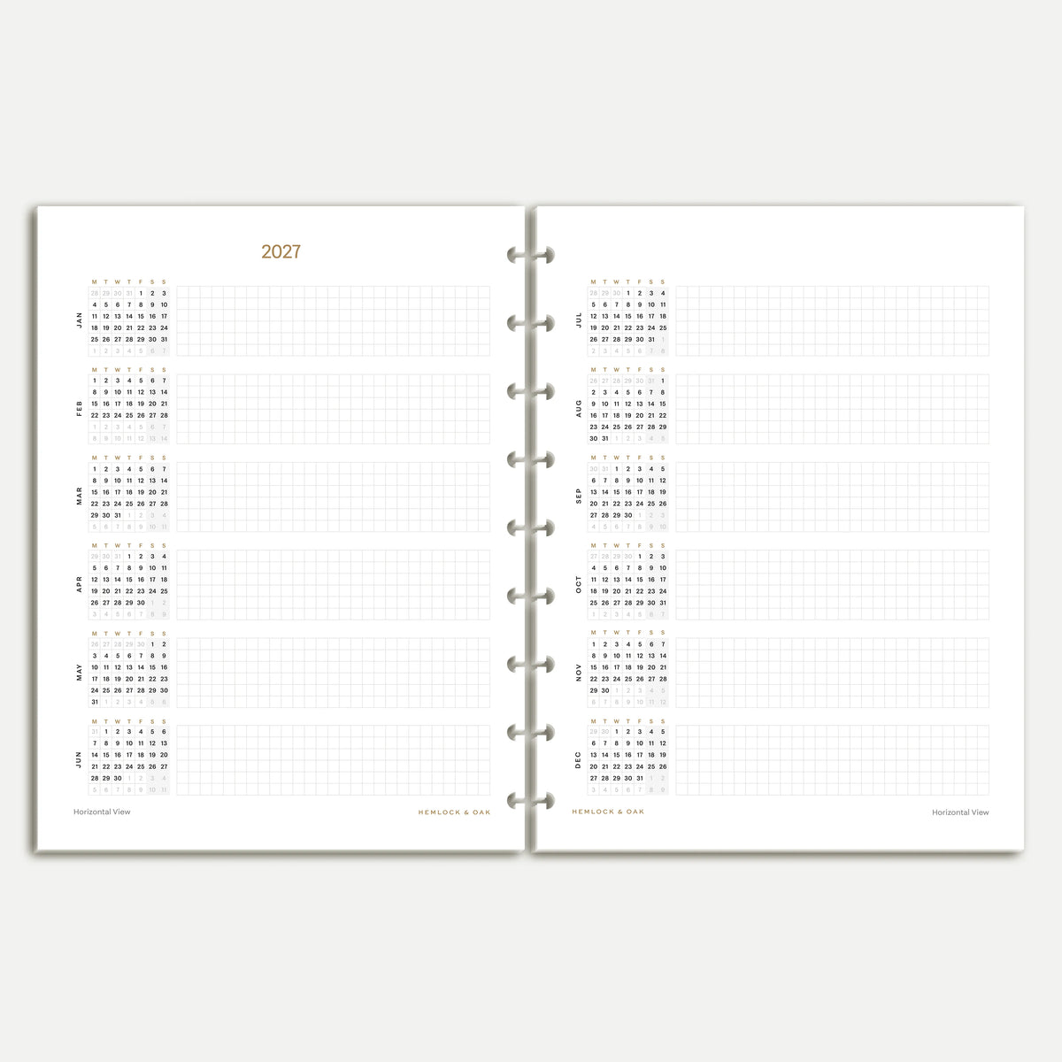 2027 yearly planning spread with monthly calendars and grid space, Classic HP nine-disc inserts