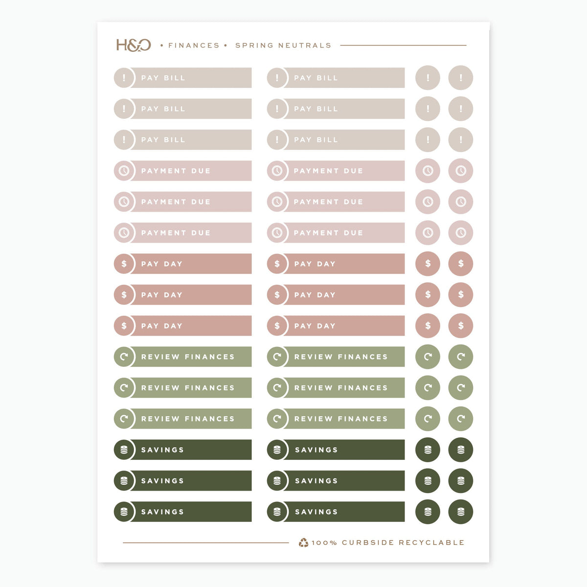 Finance planner stickers in Spring Neutrals, Hemlock & Oak