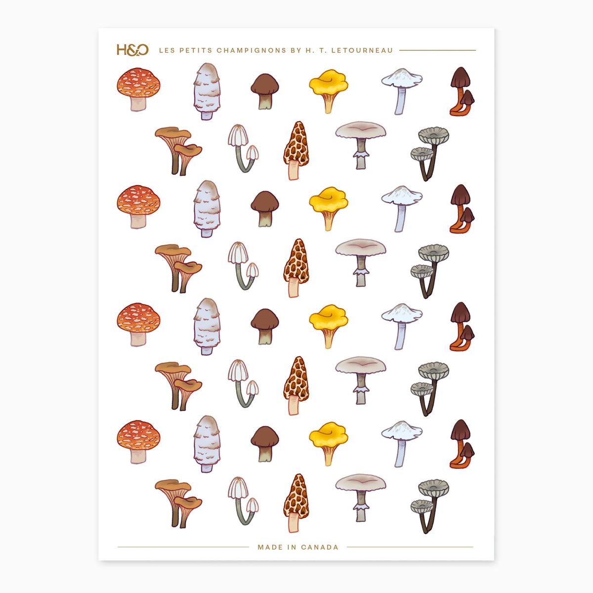 Les Petits Champignons sticker sheet by H. T. Letourneau: 44 miniature illustrated woodland mushroom stickers, eleven designs repeated four times