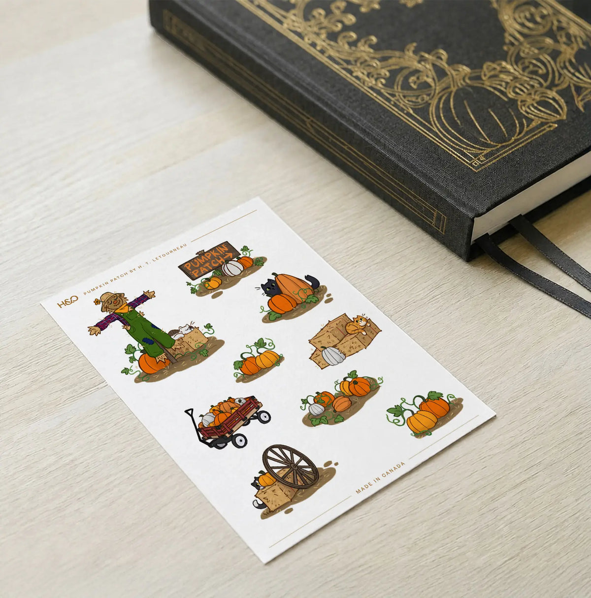 Pumpkin Patch stickers shown with an open notebook for scale