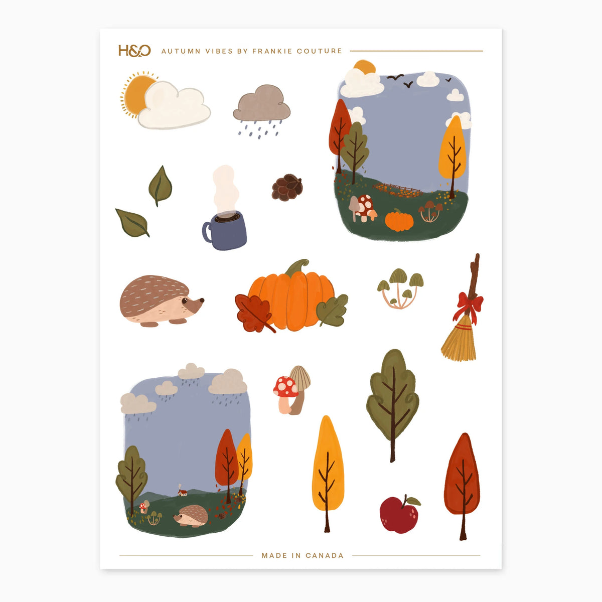 Autumn Vibes sticker sheet by Frankie Couture with hedgehogs, golden trees, toadstools and a pumpkin