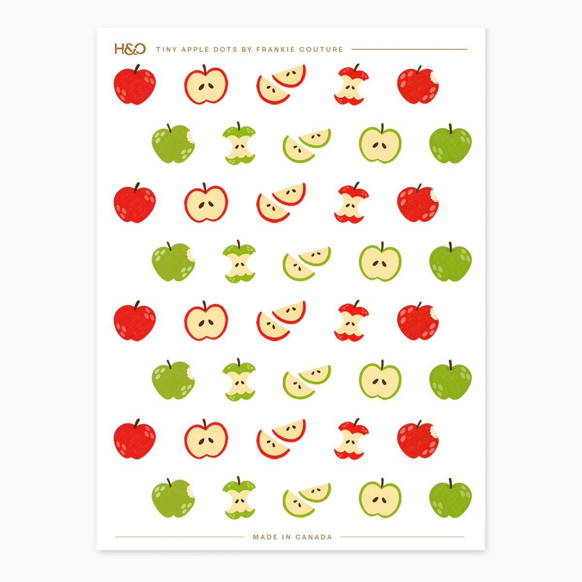 Tiny Apple Dots sticker sheet by Frankie Couture with red and green apples, halves, slices and nibbled cores