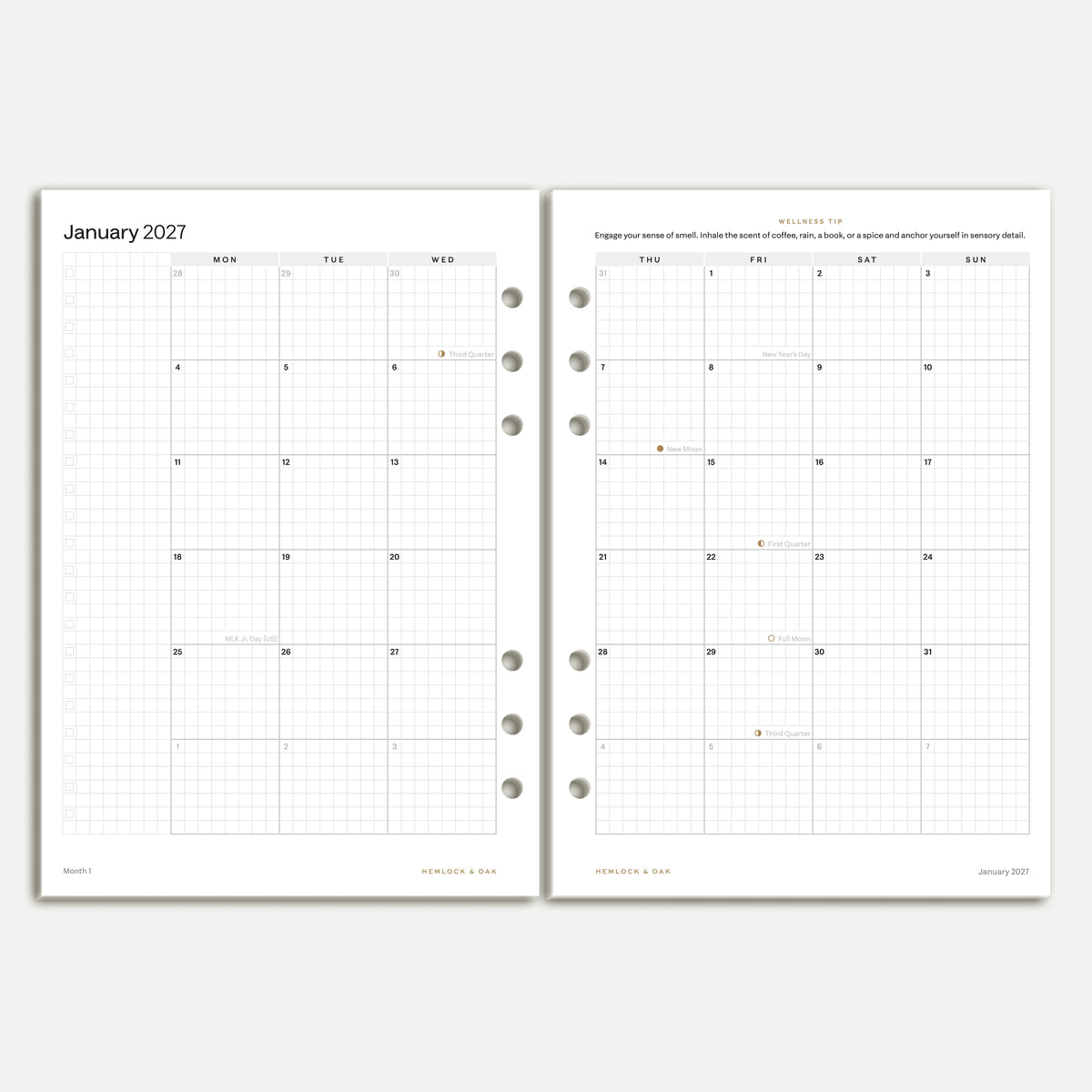 2027 monthly calendar inserts in A5 six-ring format, showing the full January Monday-start spread