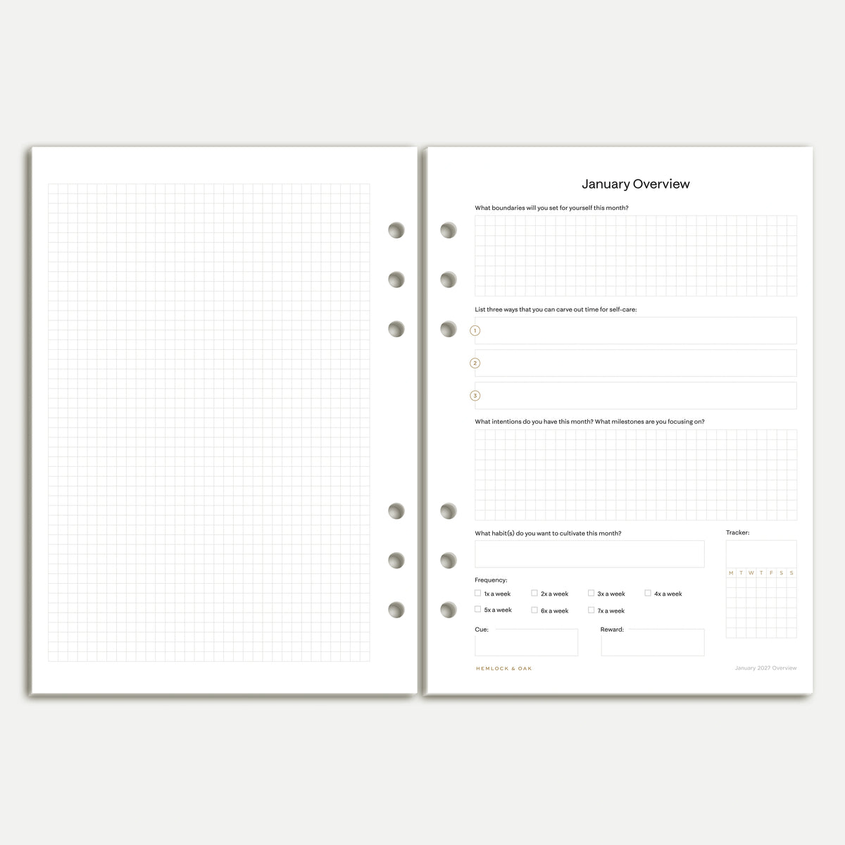 January 2027 monthly overview beside a full grid notes page, A5 six-ring planner inserts