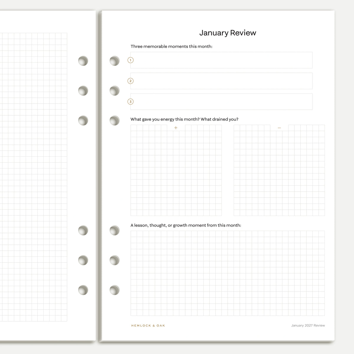 Close view of the January 2027 monthly review with reflection prompts and grid writing areas, A5 six-ring inserts