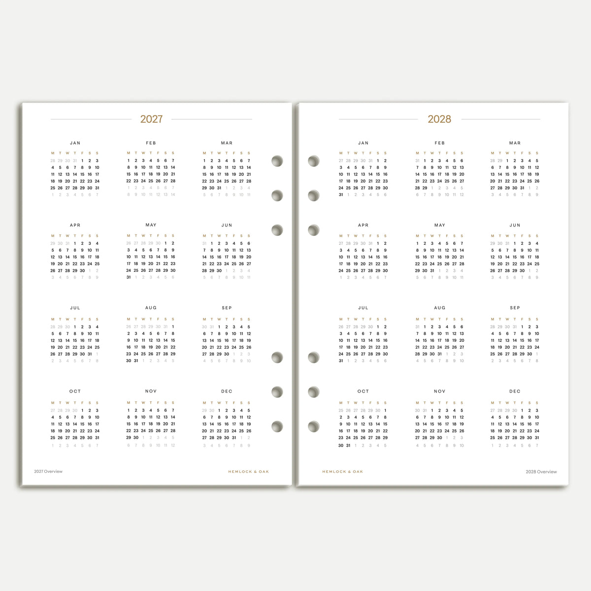 2027 and 2028 yearly calendars on A5 six-ring inserts