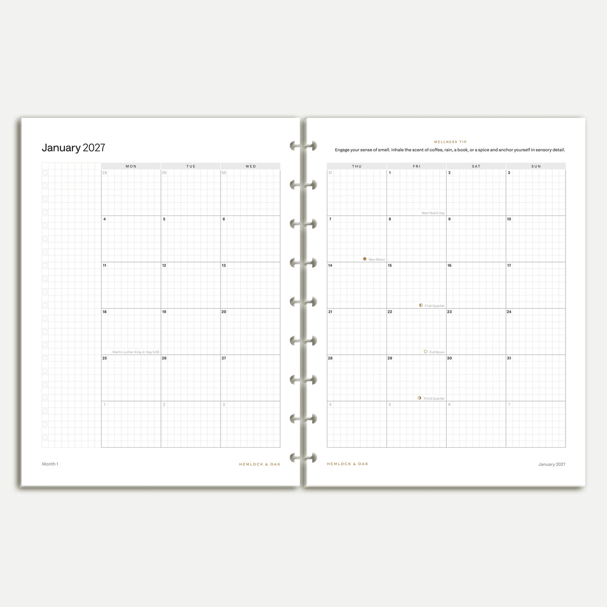 2027 monthly calendar inserts in Classic HP nine-disc format, showing the full January Monday-start spread