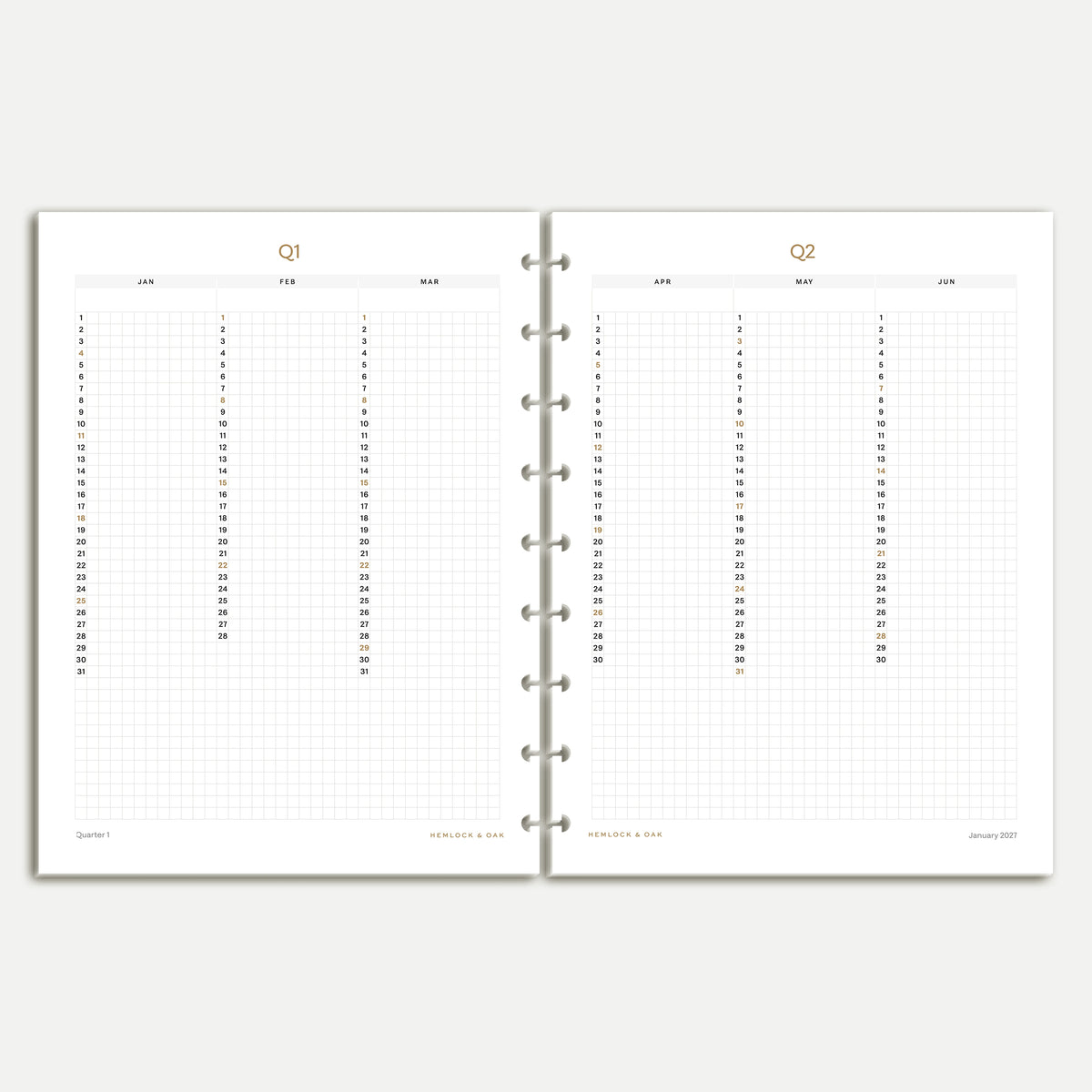 Quarter 1 and Quarter 2 planning pages for 2027, with dated columns on Classic HP nine-disc inserts