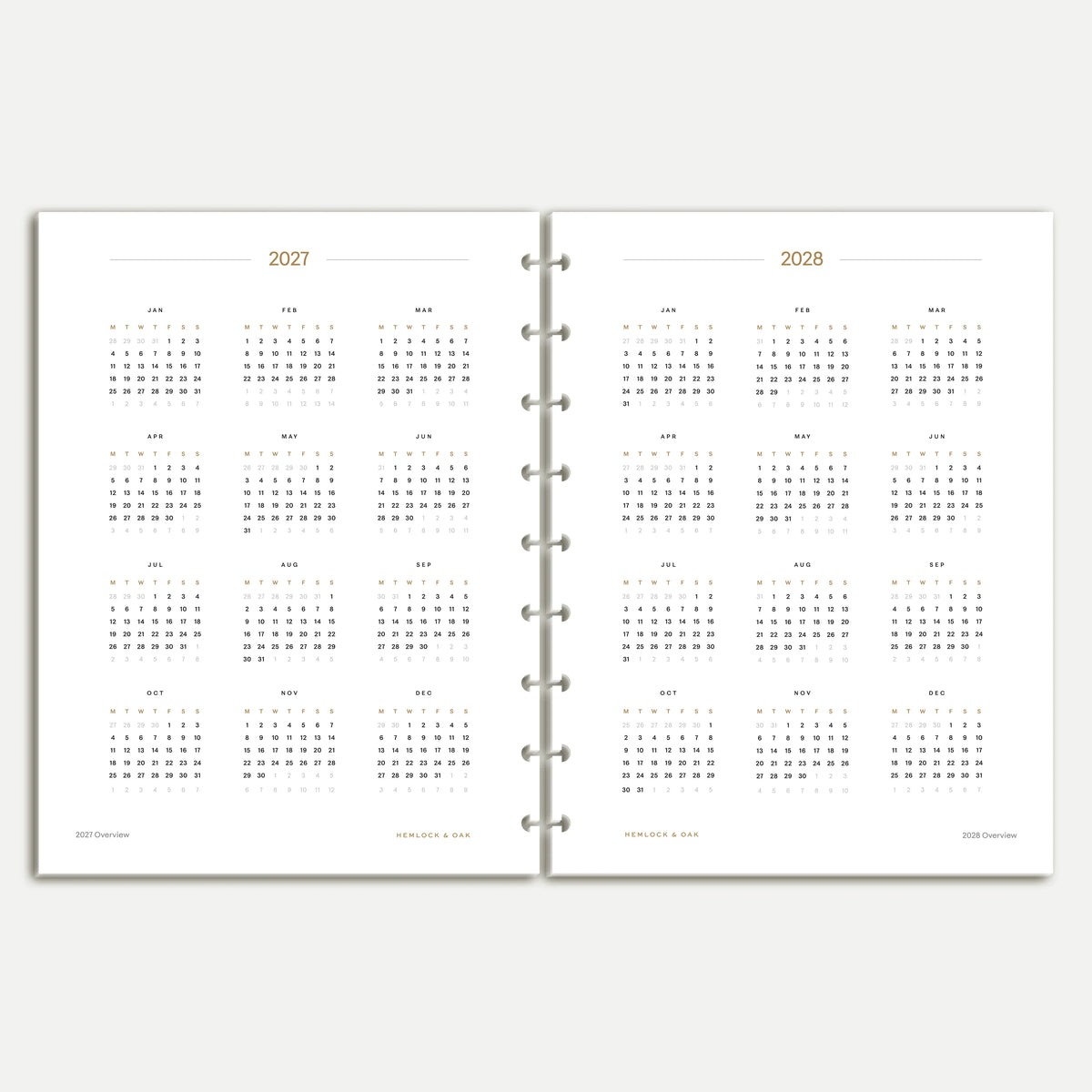 2027 and 2028 yearly calendars on Classic HP nine-disc inserts