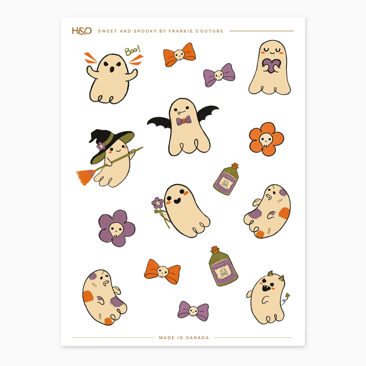 Sweet and Spooky sticker sheet by Frankie Couture with friendly ghosts, skull flowers, poison bottles and tiny bows